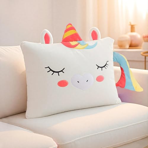 Kids Plush Cute Pillowcase Pillow Pals White Unicorn Animal Soft Pillow Cover for Beds and Nap Time Travel Pillows Bedroom Home Furnishing 26×20Inches (Unicorn-White, 26×20Inches)