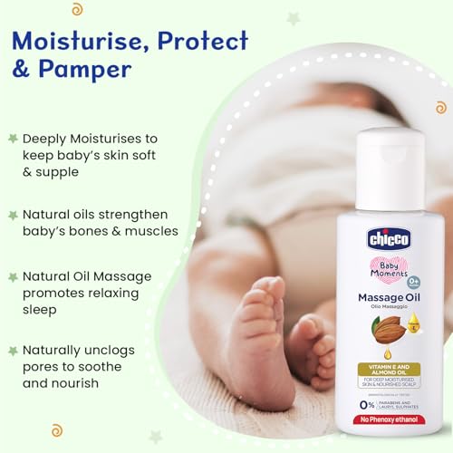 Image of Chicco Baby Moments Massage Oil, New Advanced Non-sticky & Moisturizing Formula with Natural Ingredients to Prevent Dryness, Suitable for Baby's Skin, Hair & Scalp, No Phenoxyethanol & Parabens (100ml)