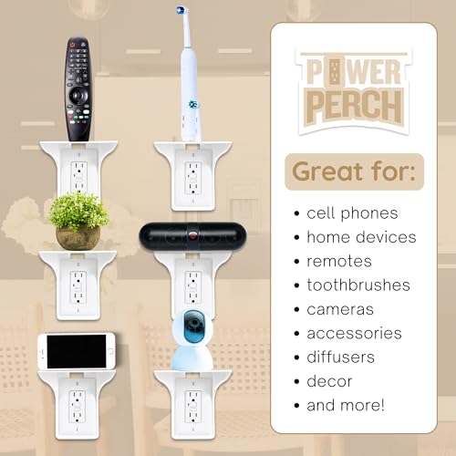 BeraTek Industries Power Perch Outlet Shelf with Cord Storage Strap – Small Wall Shelf for Alexa Stand, Echo Dot Holder, Electric Toothbrush – Bedroom & Bathroom Organizer (White, 2-Pack)