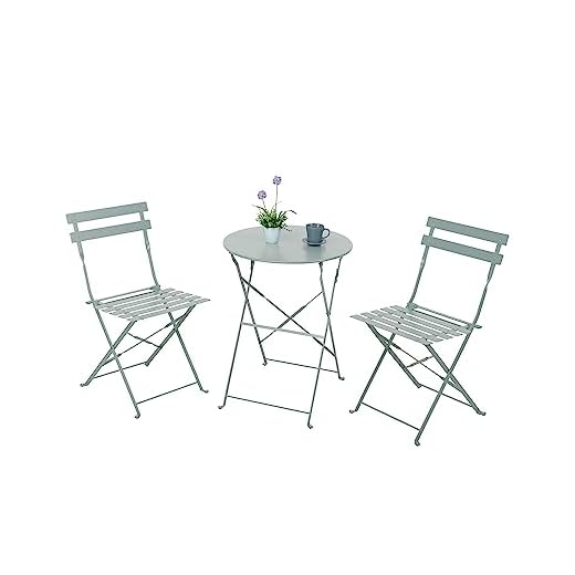 7H SEVEN HOUSE Conjunto de Terraza, Balcón o Patio con Mesa y 2 Sillas | Modelo Bistreau 7House | Conjunto Plegable de Exterior Metálico Color Gris Arena | Mesa Redonda para 2 Personas