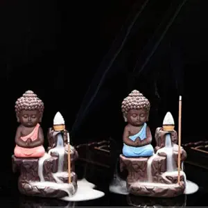 Jiyansh Creation Handcrafted Meditating Monk Buddha Backflow Smoke Fountain Incense Cone Holder Home Decorative Showpiece with Free 20 Backflow Smoke Scented Cones Incense (Set of 2) (Color, Blue)