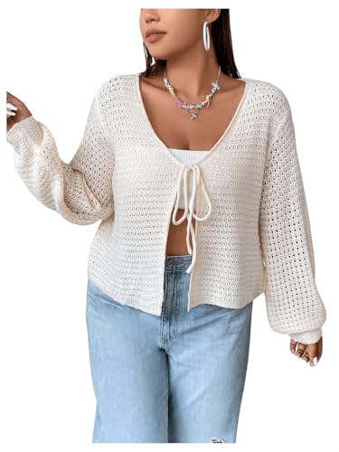 Image of GORGLITTER Women's Plus Size Bow Tie Front Cardigan Crochet Open Front Lightweight Front Tie Cardigan Sweater Fall Apricot Large Plus