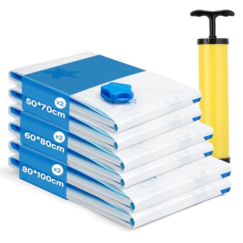 AIyvisun 6pcs Vacuum Storage Bags with Hand Pump, Vacuum Pack Bags for Clothes Multiple Sizes(2M+2L+2Jumbo), Super Space Saver for Travel Duvet Bedding