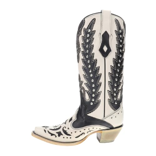 Corral Boots Womens Embroidered Studded Snip Toe Casual Boots Mid Calf Mid Heel 2-3" - Black, White3