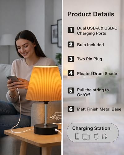 Image of Homesake Bedside Lamp for Bedroom Nightstand Table Light with USB A | C Charging Port, Desk Lamp, Pull Chain Light, Side Table Desk Reading Lamp, Living Room Gift, (Khadi Frill)