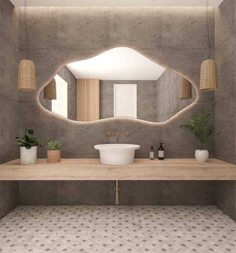 KT WALL ART Asymmetrical Bathroom LED Mirror, Modern Irregular Shape Wall Mirror with LED Lights, Frameless Aesthetic Backlit LED Illimunated Vanity Mirror (20" x 10" inc) - Image 4