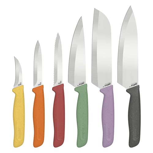 Zyliss Classic 6 Piece Knife Set Chef Santoku Utility Paring Serrated & Peeling Knives Stainless Steel 15 Hollow-Ground Blades Ergonomic Wheat Straw Handles