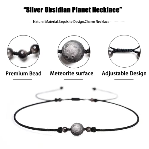Silver Obsidian Moon Necklace - Meteorite Pendant - Adjustable Handmade Braid Necklace For Teen Girls - Matching Necklace Couple Necklace #TOP2
