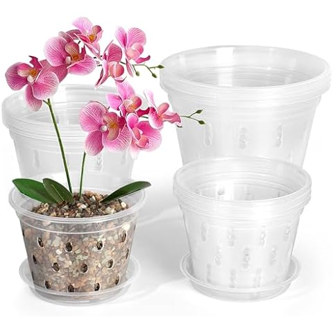 RAOOKIF Orchid Pots with Saucer for Repotting, 9 Pack 5 6 7 Inch Orchid Pots with Holes, Side Holes Creates Better Conditions for The Orchids to Grow Cover