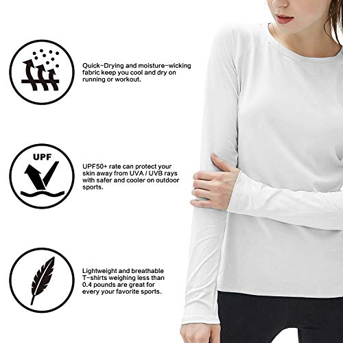 Women's UPF50+ Long Sleeve UV Sun Protection Shirts Quick Dry Rash Guard Swim Outdoor T-Shirt for Fishing Running Workout White