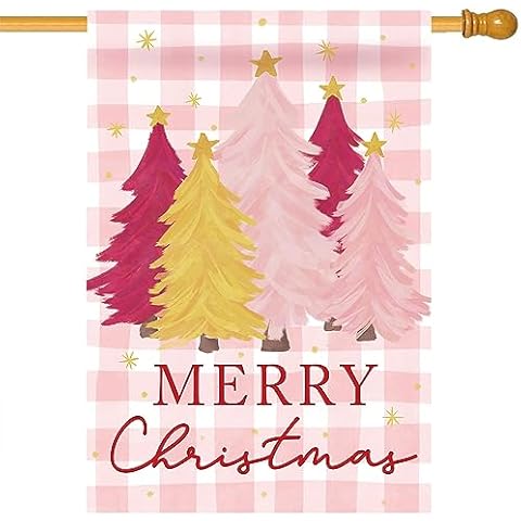 Morigins Merry Christmas Flag Decorative Double Sided Pink Watercolor Buffalo Plaid Winter Trees Farmhouse Outside Yard House Flag 28×40 inch Cover