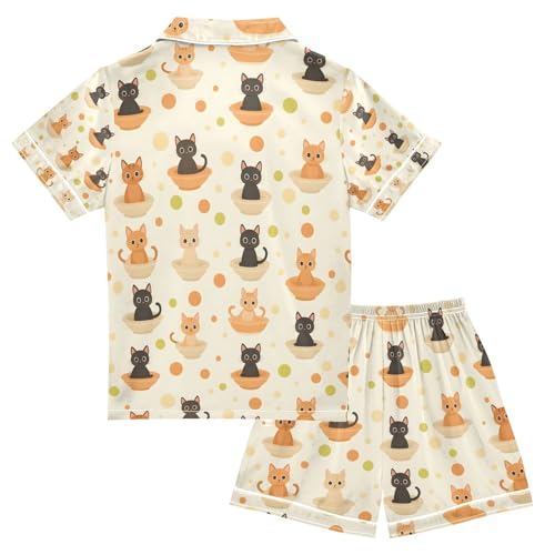 senya Cat Brown Cup Satin Summer Pajama Sets Silk Short Sleeve Button Down Sleepwear2