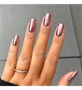 Square Press on Nails Medium Length Fake Nails Aurora False Nails with Designs Mirror Glossy Glue...
