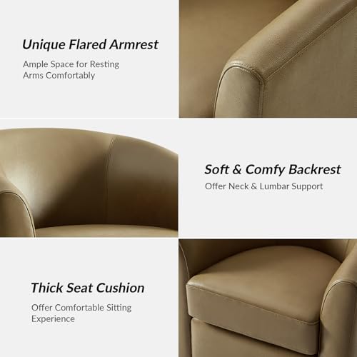 Image of HULALA HOME Genuine Leather Swivel Barrel Chairs Set of 2, Round Swivel Accent Chairs with Solid Wood Base, Leather Barrel Accent Chair for Living Room, No Assembly Required, Taupe