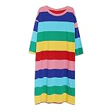 artppolr Regenbogen gestreiftes Nachthemd Frauen Herbst Baumwolle Langarm Kleid Lose Lange Rock Niedlich Koreanisches Nachthemd Home Nachtwäsche-A_One_Size