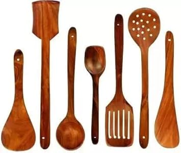 Noshy Enterprises Wooden Serving Spoon Set (Pack of 7) Kitchen Tool Set (Brown, Cooking Spoon, Spatula)_BZ_7spoonset01