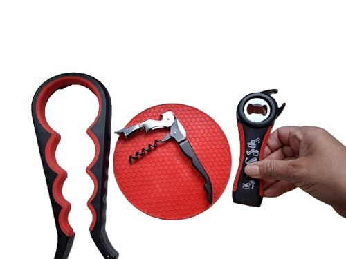 Abrebotellas Set de 4 piezas para personas mayores, abrelatas ergonómico con asas antideslizantes, color turquesa o rojo (rojo-Sawrz)