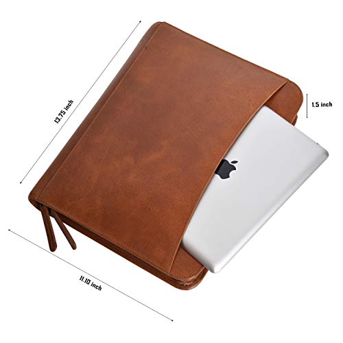 Leather Portfolio for Men and Women - Multi Pocket Zippered Padfolio Folder (Cognac Vintage)