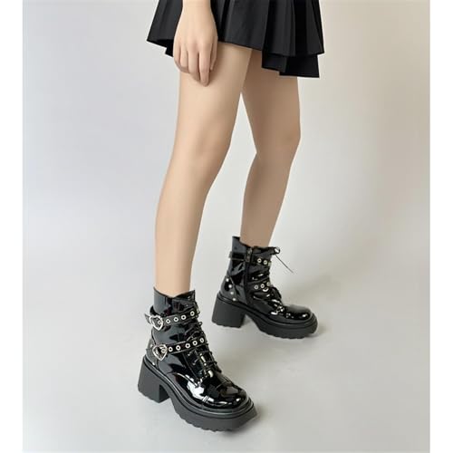 Image of FOREADA Goth Boots Chunky Heel Boot For Women Ankle Combat Booties Black Platform Bootie Buckle Rivets Punk Goth Shoes With Zipper