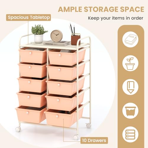 Image of LDAILY 10 Drawer Rolling Cart, Storage Cart Organizer on Wheels, Drawer Cart with Metal Frame & Large Storage Capacity, Rolling Cart with Drawers for Living Room Classroom, Office