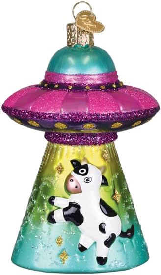 Old World Christmas Cow Abduction Glass Blown Ornament for Christmas Tree, Handcrafted Holiday Decoration, Space Collection