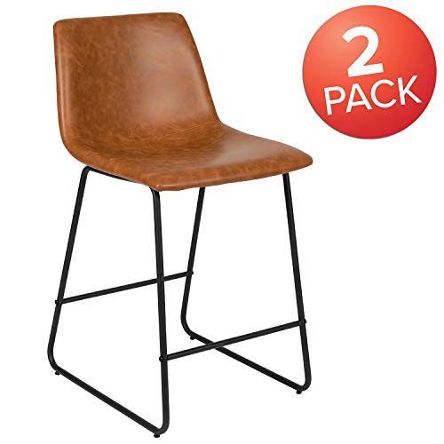 Butacos de altura para barra Flash Furniture Reagan, estilo moderno de mediados de siglo, con reposapiés, cuero suave, juego de 2, marrón claro miniatura 4