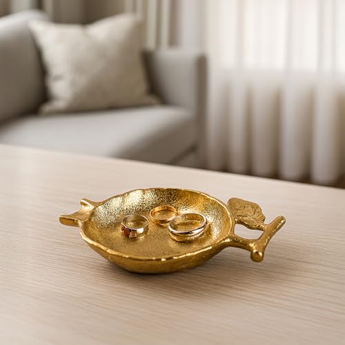 Image of MARKET 99 Golden Pomegranate Catch Dish | Glossy Aluminium Embossed Bowl for Home Decor, Table Display & Gifting |Designer Decorative Catch-All Tray for Dining, Center Table & Festive Use