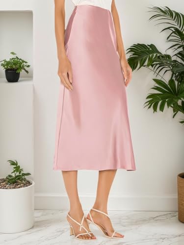 Image of Amy Babe Womens Satin Silk High Waist Slit Midi Skirt Long Skirts for Women | Elastic Waistband, Side Split, Midi Length, Below the Knee, Silky Fabric, Elegant, Fall Winter Outfits