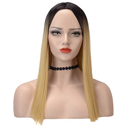 FESHFEN 18” Straight Ombre Wig Heat Resistant Fiber Synthetic Dark Roots to Blonde Natural Full Hair Wigs Cosplay for Women Girl
