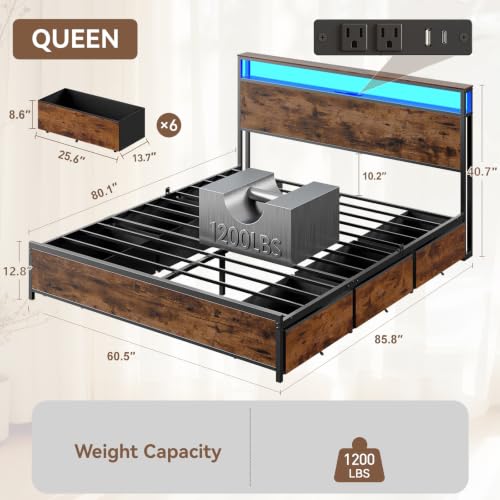 Image of Forestell Queen Bed Frame with 2-Tier Storage Headboard & 6 Drawers | Platform Bed with Heavy Duty Slat Support, Charging Station & LED, USB, Type-C & AC Ports, Noise-Free, No Box Spring, Brown
