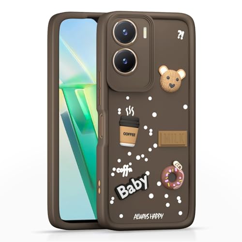 Image of Bintage Cute Fun Ball | Taddy Cartoon 3D Smiley Coffee Cup | Milk Donut | Full Camera Protection Back Cover Compatible for Vivo V2303 / Vivo V29e 5G - Brown