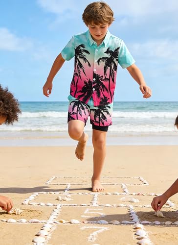 Image of UNICOMIDEA Boys Hawaiian Outfits Tropical Print Button Down Shirt + Swim Trunks 2 Piece Sets for 5-12T Kids