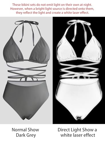 Reflective Rave Outfits for Women - Sexy Festival Halter Triangle Top High Waist Thong EDM Night Metallic Bikini Set2