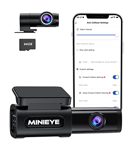 MINIEYE 4K Dash CAM with ADAS, Front and Rear Dash Cameras with Built-in GPS, 170° Wide Angle, WDR, Night Vision, Loop Recording, Parking Monitor, App OTA Update(64GB Card Include Cover