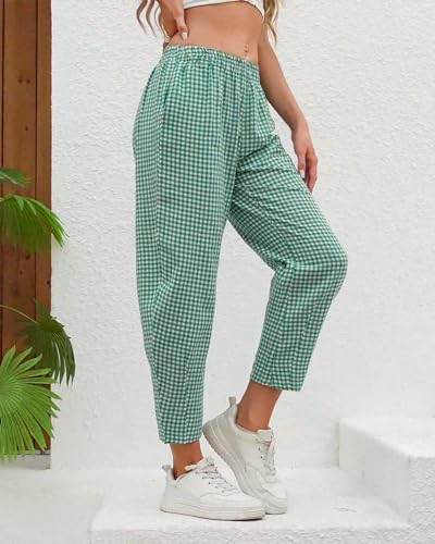 Women Gingham Pants Summer Casual Loose Lightweight Cotton Linen Elastic Waist Capri Pants with Pockets3