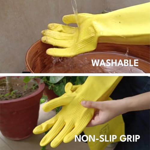 Image of Casa De Amor 18 Inch Long Heavy Duty Latex Rubber Gardening Gloves - Waterproof & Reusable Garden Gloves for Home, Farming, Agriculture & Dairy Use - 0.55mm Thick, Yellow (1 Pair)