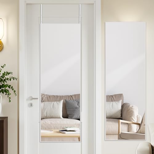 LunaMirror Espejo de puerta de 127 x 41 cm con percha, marco de aleación de aluminio blanco, espejo de puerta colgante de longitud completa para dormitorio, baño o dormitorio