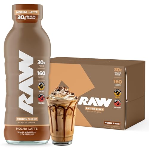 RAW Ready-to-Drink Protein Shake Mocha Latte - RTD Protein Drinks with Grass-Fed Whey Protein Isolate for Post-Workout - Zero-Sugar & Gluten-Free Meal Replacement Drink & Breakfast Shake 12 Fl Oz