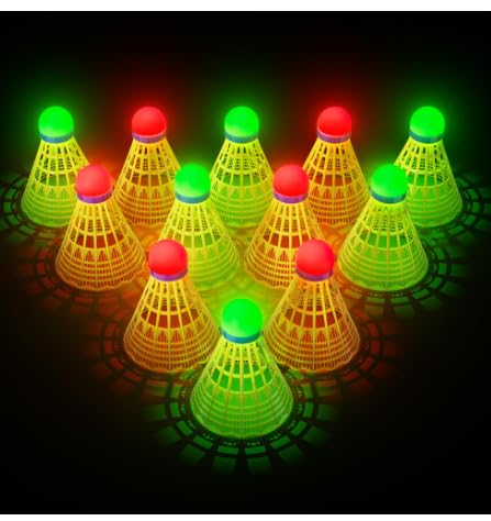 Image of Premium LED Badminton Shuttlecock 12 Pcs Pack, Glow in The Dark Light Up Birdie for Night Play, Durable Nylon Plastic Shuttle for Indoor Outdoor Games, Red Green LED for Kids & Adults