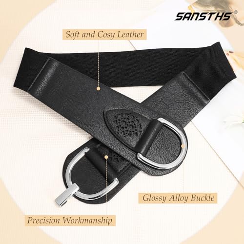 SANSTHS Vintage Women Stretchy Wide Belt Chunky Buckle Elastic Wide Waist Belts for Dresses Coats