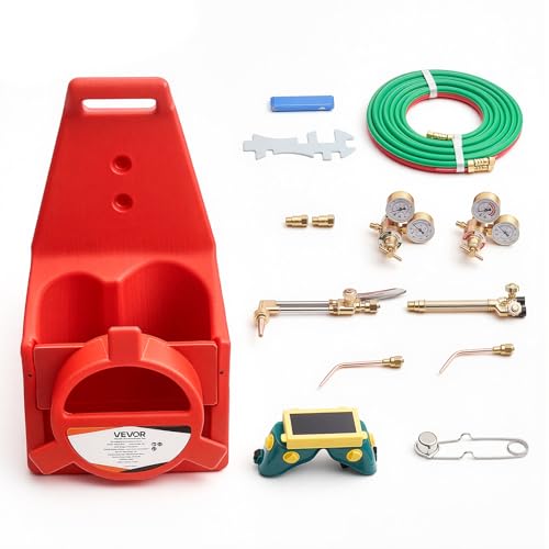 Image of VEVOR Oxygen Acetylene Torch Kit with Check Valves, Gas Welding Cutting Torch Kit, Portable Oxy Acetylene Brazing Set with 15FT Twin-Hose, 1 Cutting Tip, 2 Welding Tips, 2 Regulators & Cylinder Holder