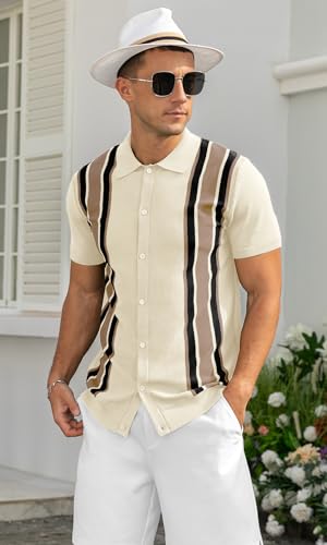 NITAGUT Mens Polo Shirts Vintage Striped Knitting Short Sleeves Button Down Golf Shirts4