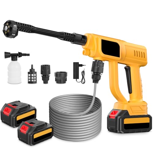 Teodute 21V Idropulitrice a Batteria, Idropulitrice Portatile, 3 Ugello Regolabile 6 in 1 Stadi Doppia Batteria 120Bar con 5M Tubo Flessibile per Auto Patio Giardino Pulizia Pavimenti