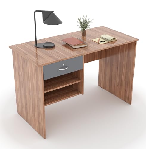 Image of 116x75x56CM Engineered Wood Verto Study & Office Table with Smooth Lockable Drawer and 2 Shelves for Storage | Sturdy DIY Counter, Commercial Table- Lyon Walnut with Grey