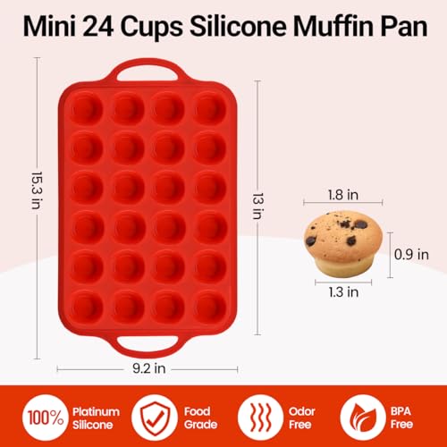 Image of CAKETIME Silicone Mini Muffin Pan, Metal Reinforced Frame 24 Cups Mini Muffin Tin with Handles BPA Free Muffin Silicone Molds for Baking Muffins, Cupcakes, Egg Bites 2 Pack, Red