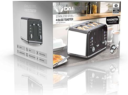 Daewoo Kensington 4 Slice Toaster, Reheat, Defrost & Cancel Controls, Browning Feature, Removable Crumb Tray and Anti-Jam Function-Black