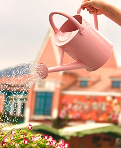 Joequality Watering Can For Outdoor&Indoor Plants，1 Gallon Metal Plant Watering Can With Detachable Diffuser Spout，Galvanized Steel Gardening Watering Can，Beautiful Gardening Gifts For Women，Pink #TOP2