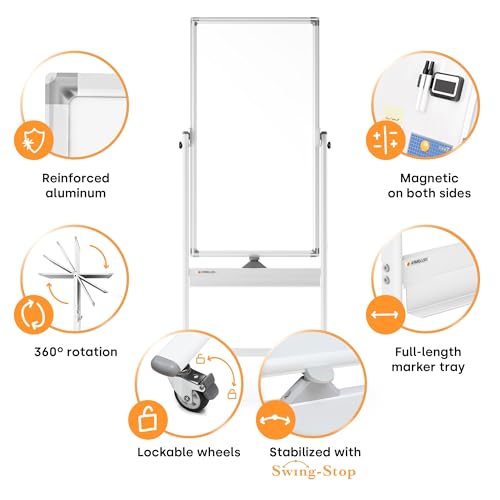Image of Rolling Dry Erase Board 24 x 48 - Large Portable Magnetic Whiteboard with Stand - Double Sided Easel Style Whiteboard with Wheels - Mobile Standing White Board for Office, Classroom & Home
