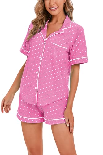 Image of LUBOT 100% Cotton Pajamas for Women 2 Piece PJ Set Button-Down Soft Knit Short Sleeve Summer Sleepwear Loungewear XS-XXL
