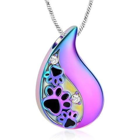 Yinplsmemory Pet Paw Print Teardrop Urn Necklace for Ashes for Dog/Cat Ashes Keepsake Memorial Pet Cremation Jewelry Cover